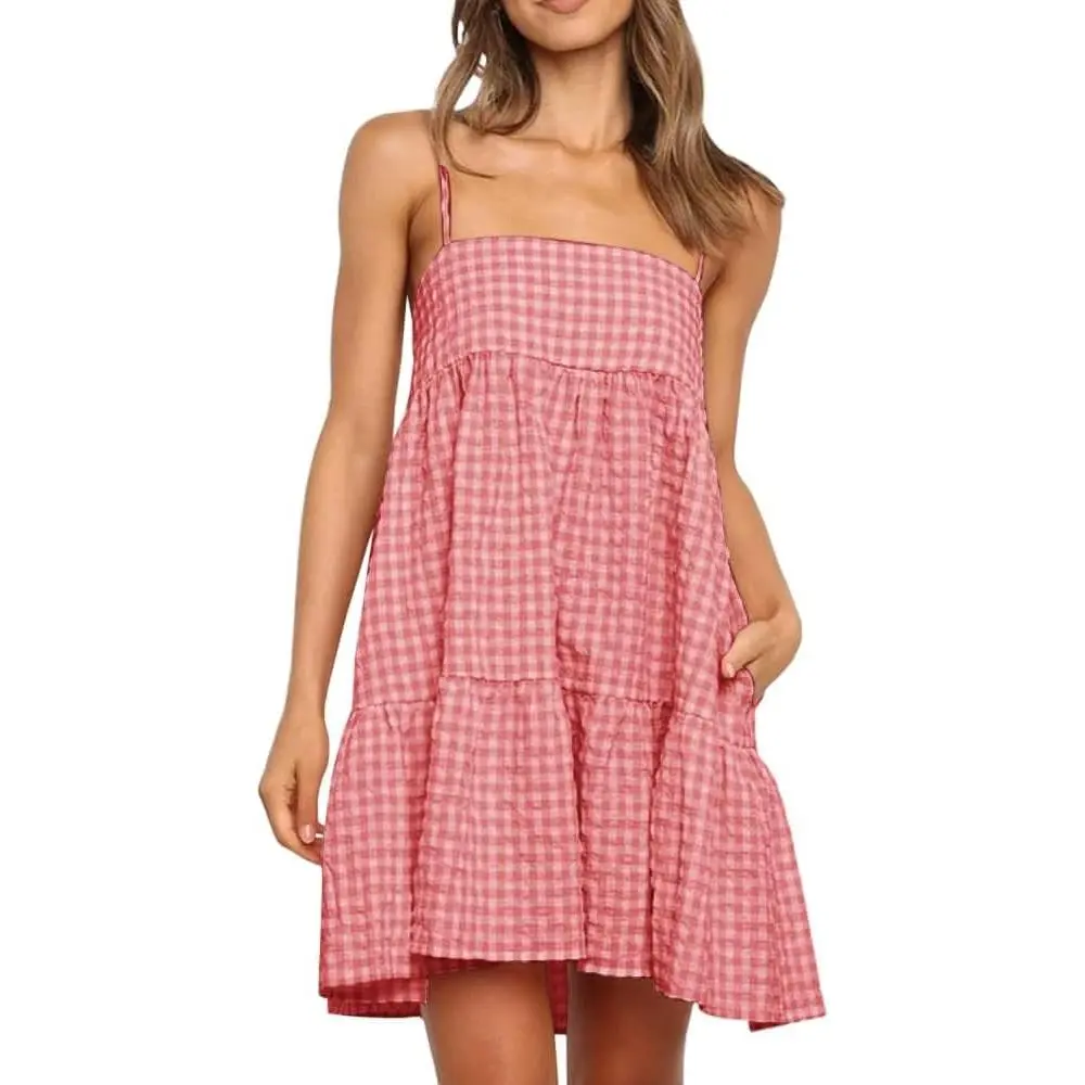 Imily Bela Womens Plaid A-line Dresses Shoulder Straps Ruffle Hem Casual Mini Dress with Side Pocket