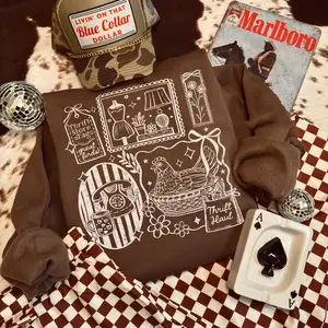 Thrift Haul Doodle Collage Tees & Crewneck, Retro Sweatshirt, Gift For Her, Western Boutique, USA Country Music T-shirt, Concert Hoodies, Women’s Clothes, Rodeo Cowgirl Western Outfits Tops, Vintage Graphic Clothing