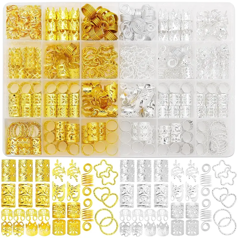 260 Pcs Hair Jewelry for Braids,Hair Beads Accessories for Dreadlock,Metal Hair Clips Cuffs Rings,Loc Rave Hair Charm Decorations Adjustable Kits for Men Women Gold and Silver