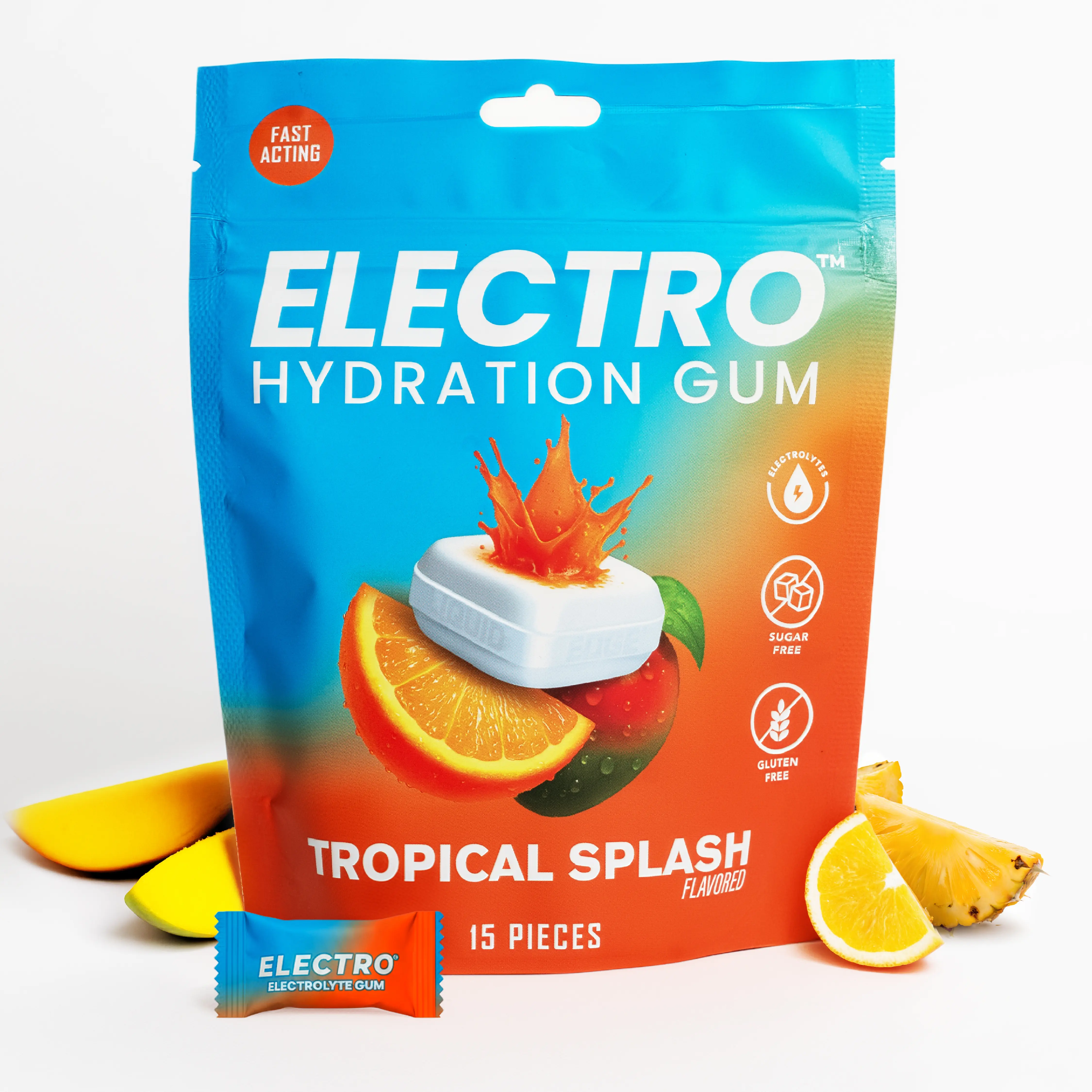 ELECTRO Hydration Gum - Sugar Free Electrolyte Gum, Fast-Acting Liquid Core, Zero Sugar, Zero Calories, Sodium Potassium Magnesium, Tropical Splash Flavor, Fast Hydration for Gym Workout Sports Travel, 30 or 60 Pieces
