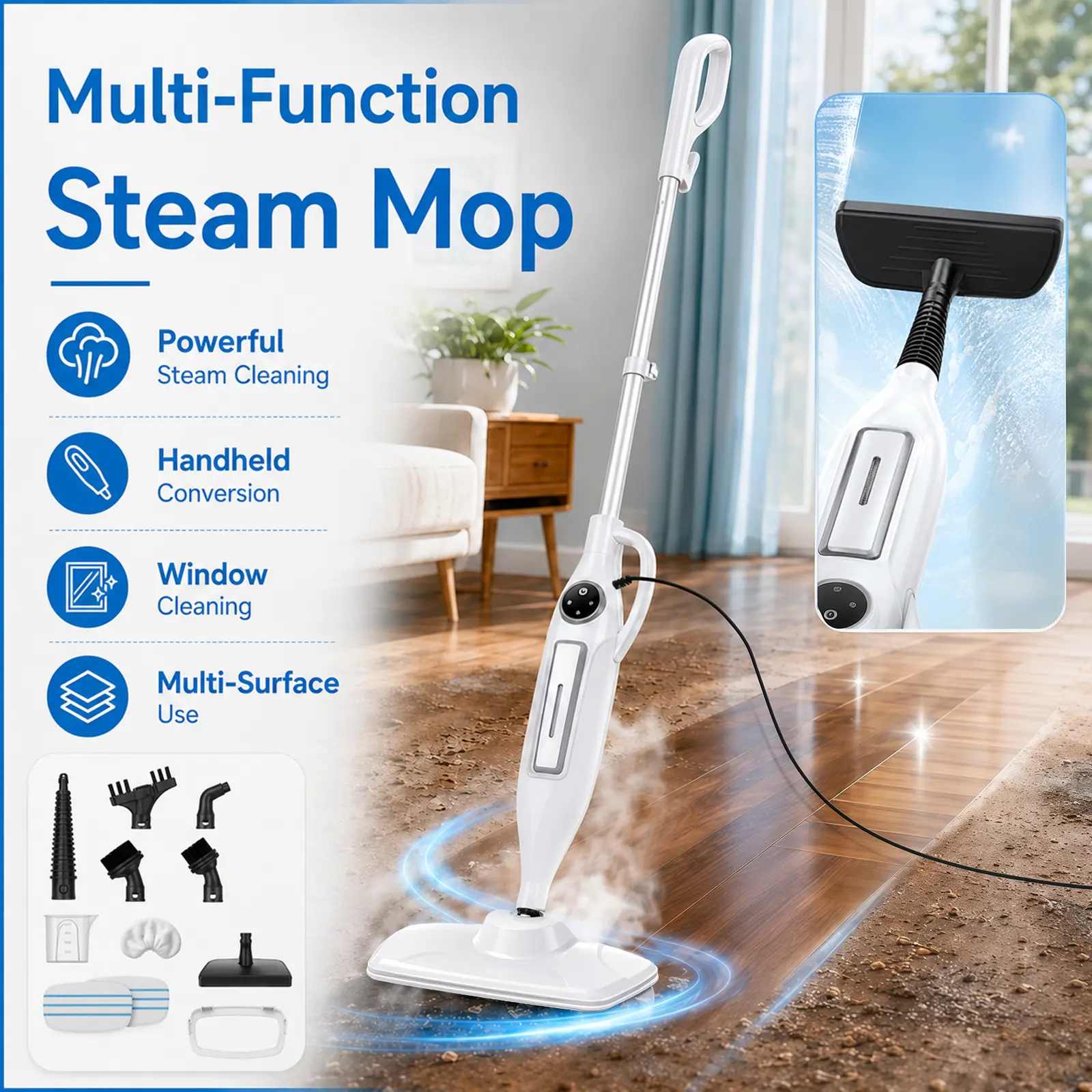 10-in-1 Steam Mop with Power Handheld Steam cleaner, Removable Water Tank, 266℉Deep Cleaning, 2 Steam Modes & Multi-Purpose Steamer For Hardwood Floor, Laminate, Marble, White