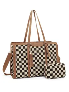 Laptop Bag for Women 15.6 inch Lightweight Laptop Grid Tote Bag,Checked Crossbody bag,Large Capacity Computer bag with Clutch Purse for Business, Work, Office, Travel, School,Casual