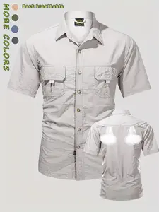 Summer Plain Pocket Shirt for Men, Casual Short Sleeve Button-Up, Slim-Fit Long Shirt, Outdoor Beachwear, Fashionable Summer Clothing