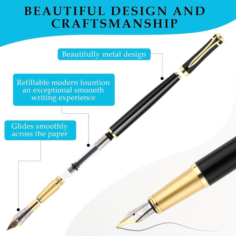 Luxury Metal Fountain Pen Set, 0.5 mm Fine Nib Fountain Pen with 6 Pcs 2.6mm Black Ink Cartridges Smooth Writing Pen Gift for Men Women Business Office Journaling