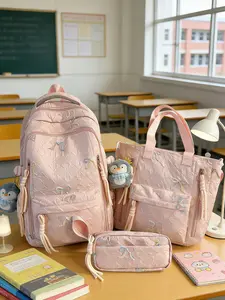 3pcs  Large capacity women's backpack, lightweight backpack with zipper closure and bow tie, fashionable and versatile, casual and cute, suitable for students to go to school, campus, commuting, shopping, women's backpack