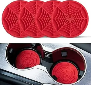 4PCS Spider Web Car Coasters for Cup Holders, Halloween Funny Non-Slip Silicone Insert Ornaments Coasters( Red)