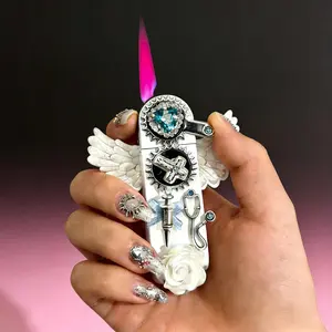 Angel Wings Pink Flame Lighter | Windproof Outdoor Metal Portable Inflatable, Creative Cute Shaped Cigarette Lighter for Women, Birthday Gift for Girlfriends (Butane Gas Not Included)