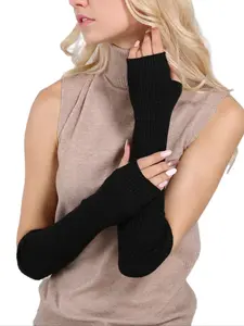 Women's Wool Arm Warmers, Long Fingerless Black Thick Gloves, Casual Slim-Fit Knitted Sleeves, Fall & Winter Fashion Accessories, 40cm