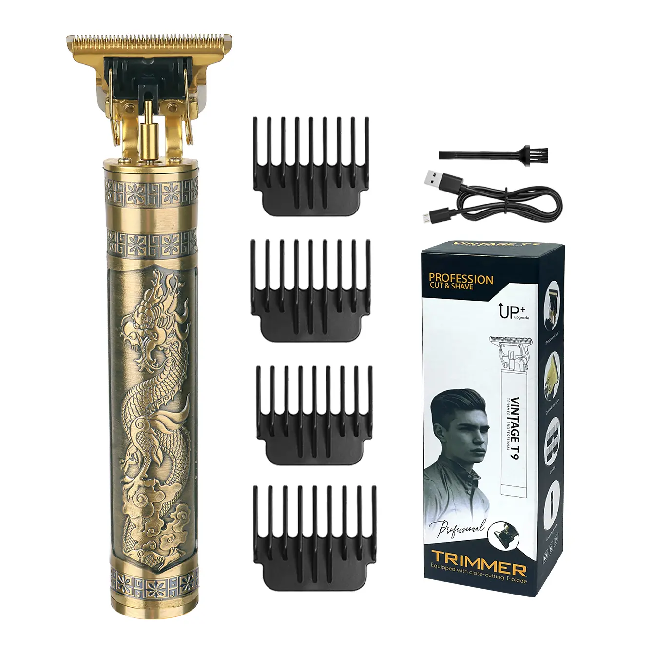 Men's Vintage Dragon Hair Trimmer & Beard Clipper - Durable R-Shaped T-Blade Stainless Steel, 4 Guide Combs, Type-C Fast Charging, for Barber & Home Use