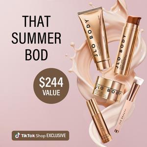 JLO BEAUTY Flawless Glow & Firming Cosmetic Body Care Bundle - Lightweight That Star Filter Radiant Complexion Booster, Tighten + Tease Serum, Smooth & Seduce Hydrating Cream, Firm + Flaunt Booty Firming Cream, Complexion Booster Brush