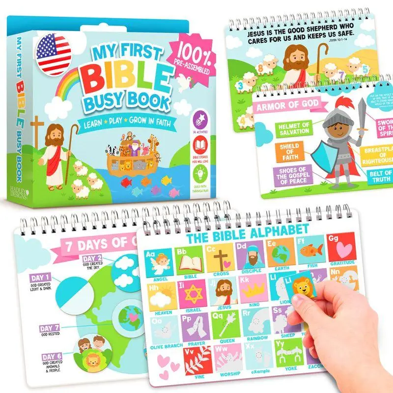 Hadley Designs Bible Busy Book for Toddlers - Montessori Christian Quiet Book, 15 Faith Activities, 152 Velcro Pieces for Church & Road Trips
