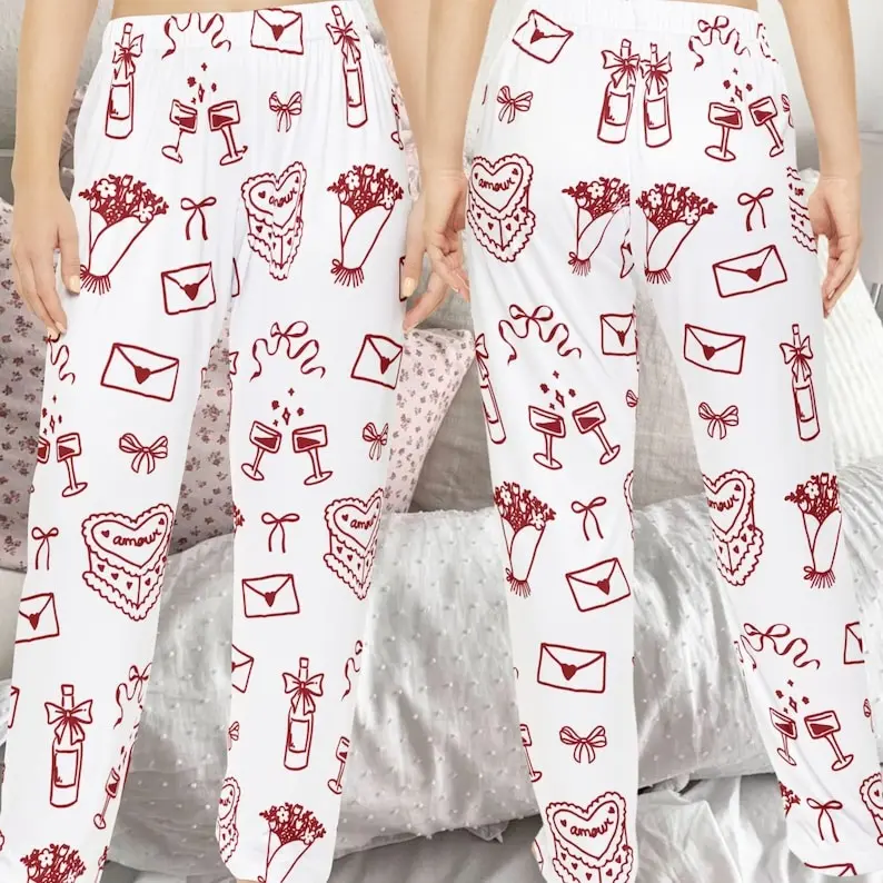 Love Aesthetic Pattern Pajama, Red Coquette Pyjama Pants, Christmas Gifts, Cozy Pants, Valentines Day Pjs