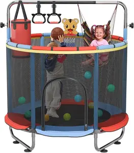 60" Kids Trampoline with Enclosure Net, 500lbs Capacity Toddler Trampoline with Adjustable Gymnastics Bar for Indoor & Outdoor Play