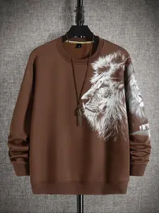 American Street Style Lion Head Round Neck Sweatshirt, Vintage Lion Side Face Print Long Sleeve Top, Loose Fit Animal Pattern Hoodie