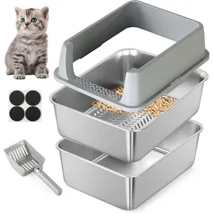 Stainless Steel Sifting Litter Box for Pine Pellets, Sifting  Litter Box with Sifter, High Side for Small Cats, Anti-Leakage, Odor Control, Includes Scooper, 17.7" x 13.8" x 11"