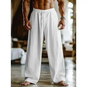 Men's Cotton Linen Loose Fit Pants Comfortable Breathable Casual Wide Leg Trousers for Summer