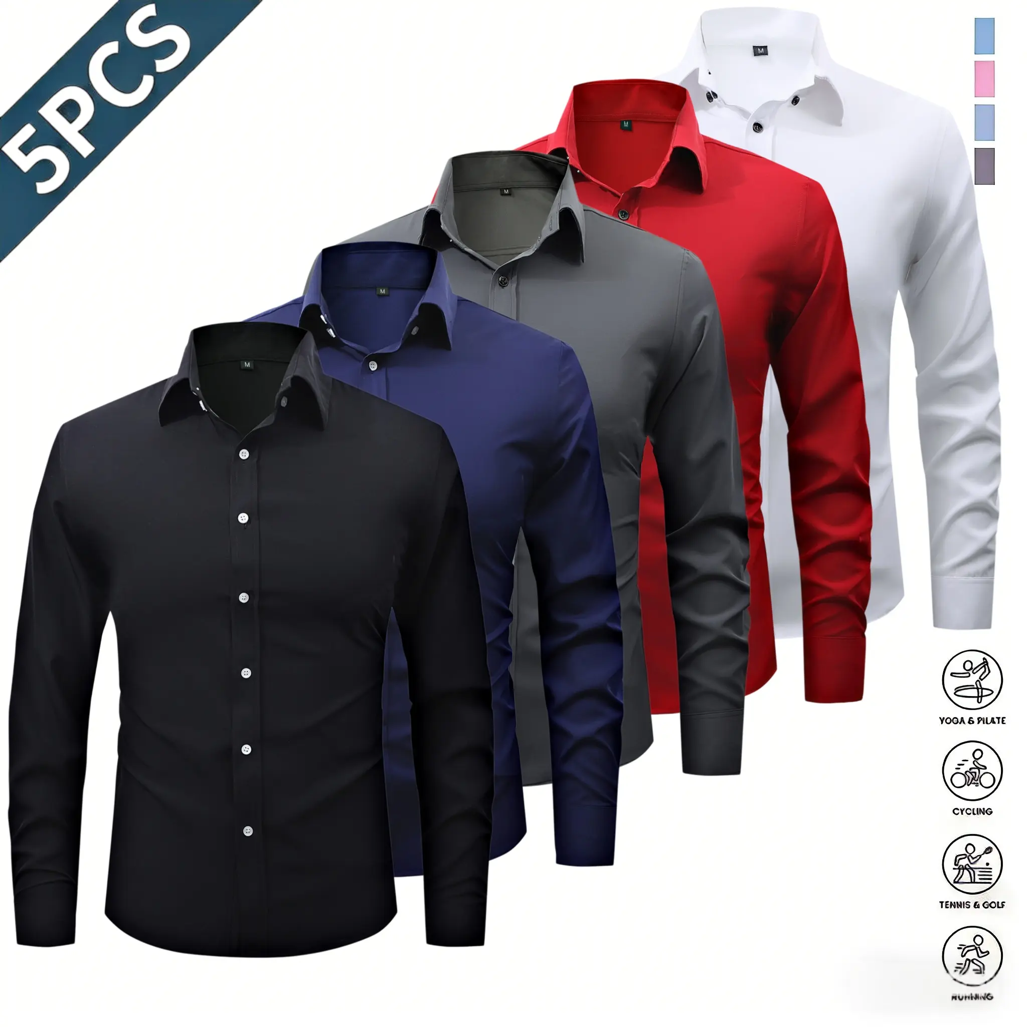 Set of five solid color men’s long sleeve shirts featuring a notched lapel collar and a classic pointed lapel design—sharp and well structured—with button placements that fit comfortably against the neck. Men’s casual top, Father’s Day gift. fathersdaygif