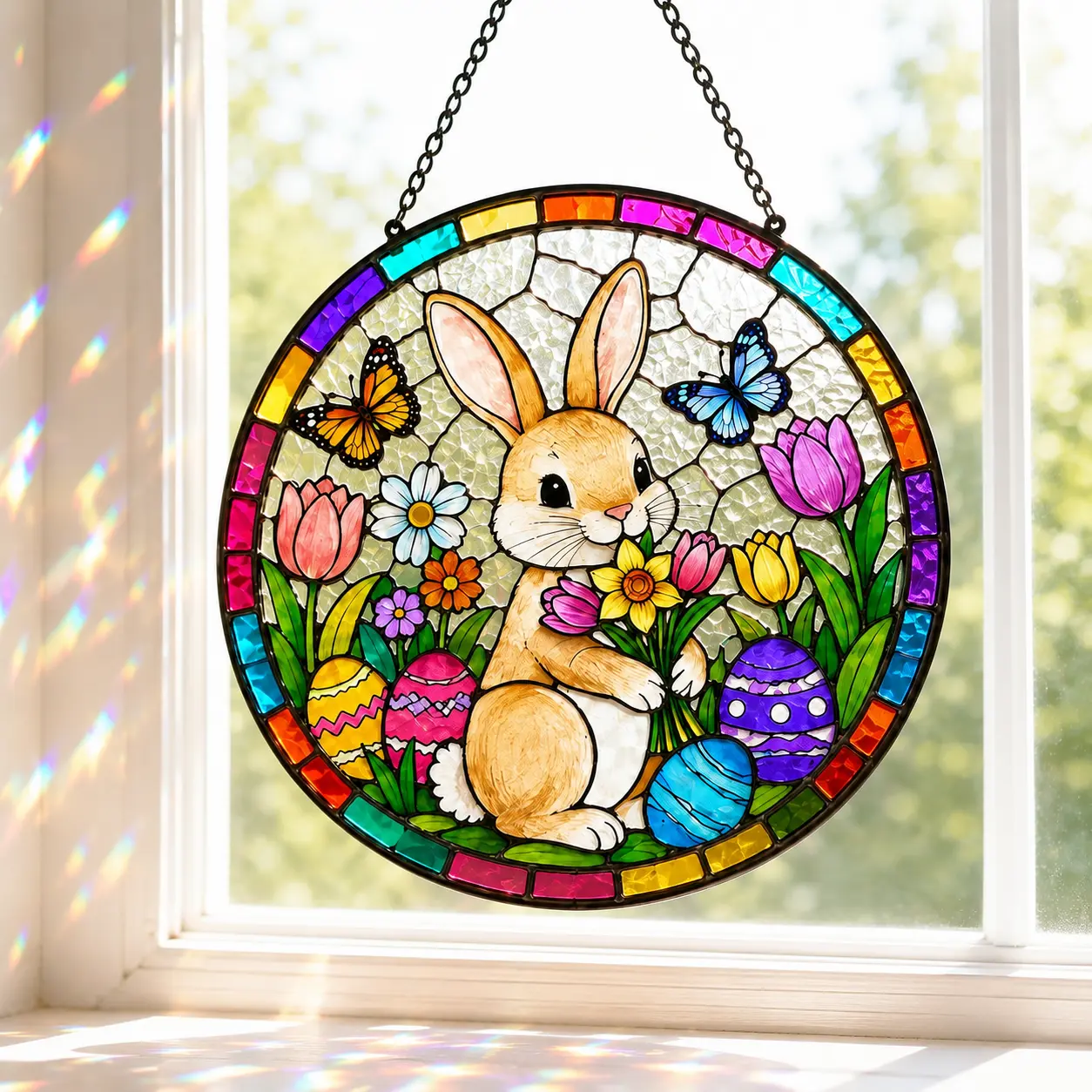 Easter Bunny Stained Glass Window Decor with Butterflies and Easter Eggs for Home Decor