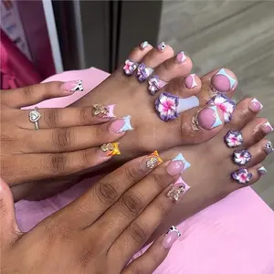48pcs Duckbill Nail Set, Base with French Tips, 3D Flowers, Butterflies, Cow Print, Y2K Glossy Nails, Nail Art, Reusable, Includes Jelly Glue & File