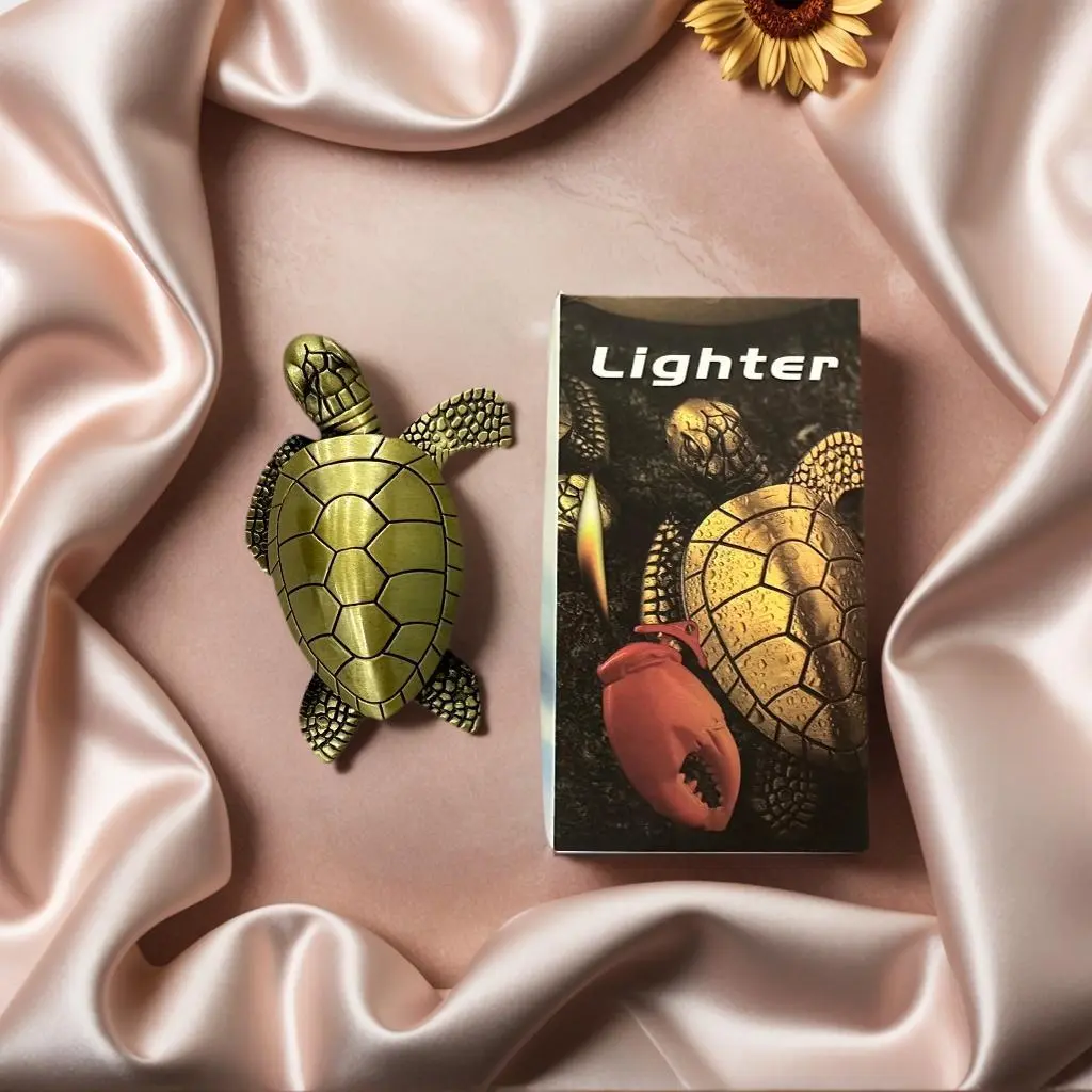 Refillable Butane Lighter Accessories, Adjustable Soft Flame Windproof Portable Bronze Gold Turtle Pattern Creative Design, Ideal Gift for Men, Camping & Hiking Camp Kitchen Use
