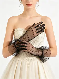 1 pair of lace-trimmed dot short lace-trimmed gloves, wedding/bridal accessory gloves, breathable cycling/sun protection gloves for women.