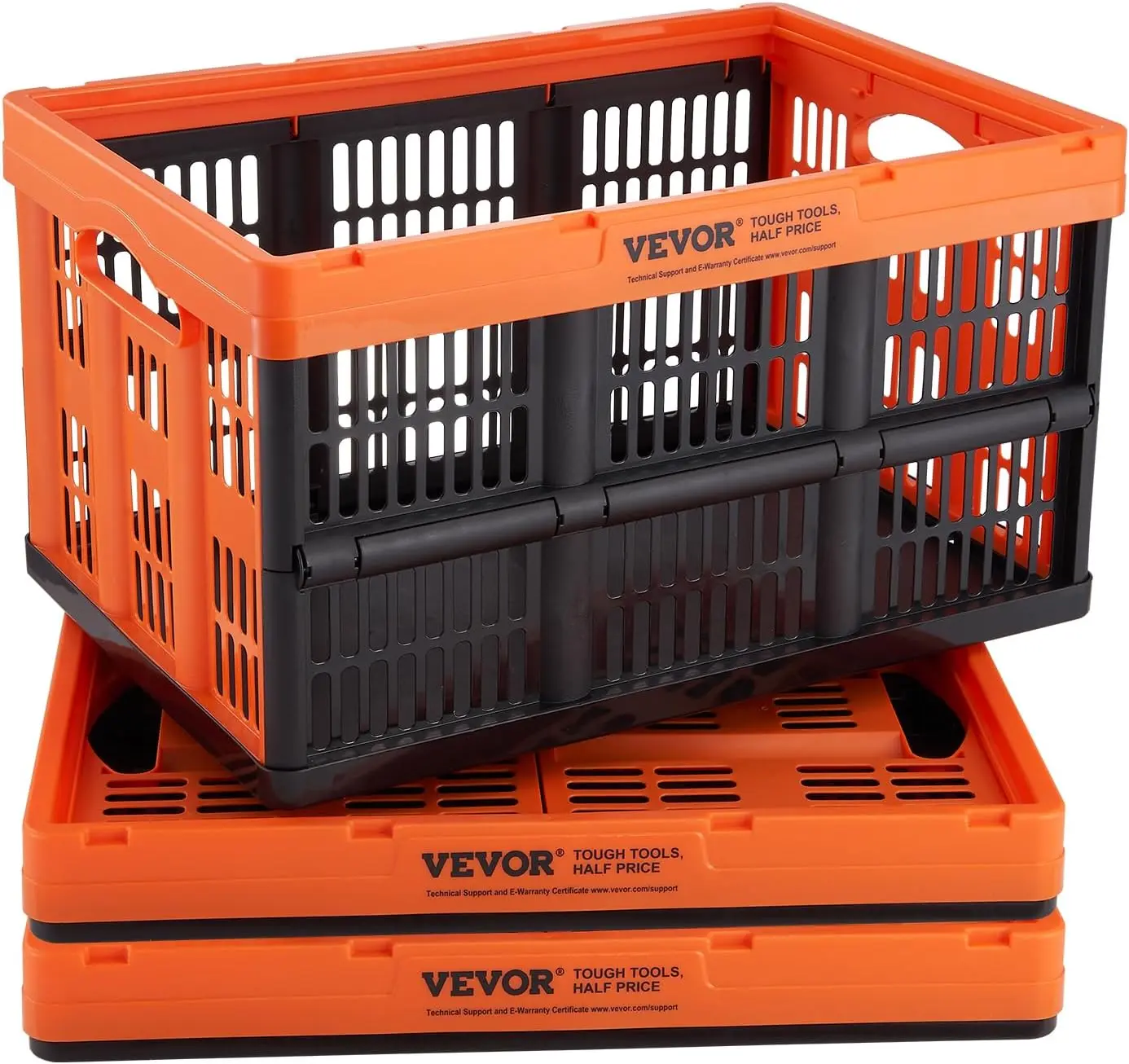 VEVOR 3-Pack 45L Collapsible Plastic Milk Crate Bin, Stackable Folding Bin with Handles for Garage, Bulk Shopping, Daily Tidying - Home Organizer Storage Basket for Tools, Books, Organiser