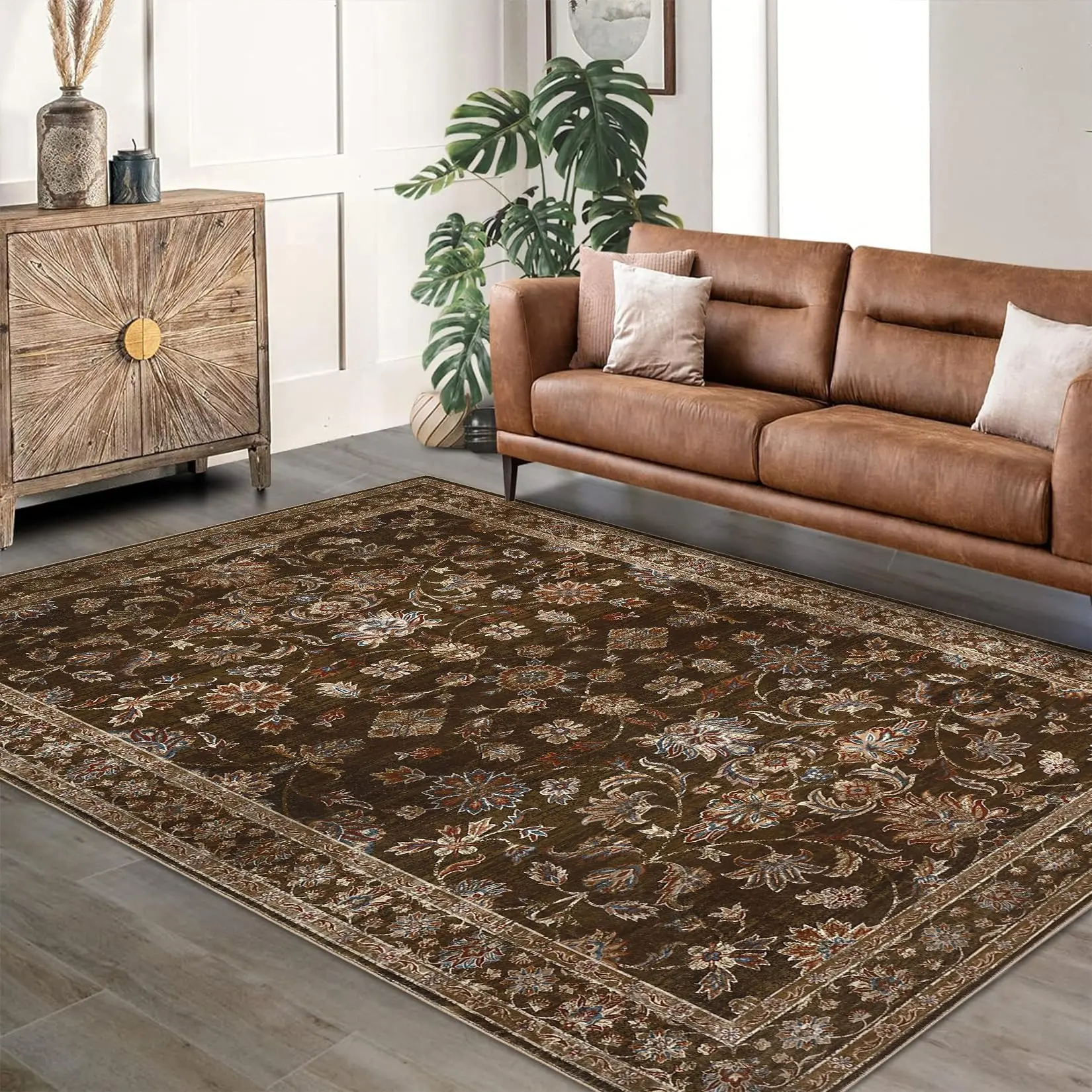 Garvee Area Rug Vintage Persian Distressed Carpet Machine Washable For Living Room Bedroom, 5' x 7' Red Brown