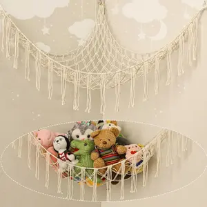 Stuffed Animal Hammock Corner, Hand-Knitted Large Plushie Net Toy Hammock with Wooden Rings |   Boho Cute Stuff Animal Storage for Nursery & Bedroom |   Mesh Kids Toy Organizer Holder Nursery Room Decor