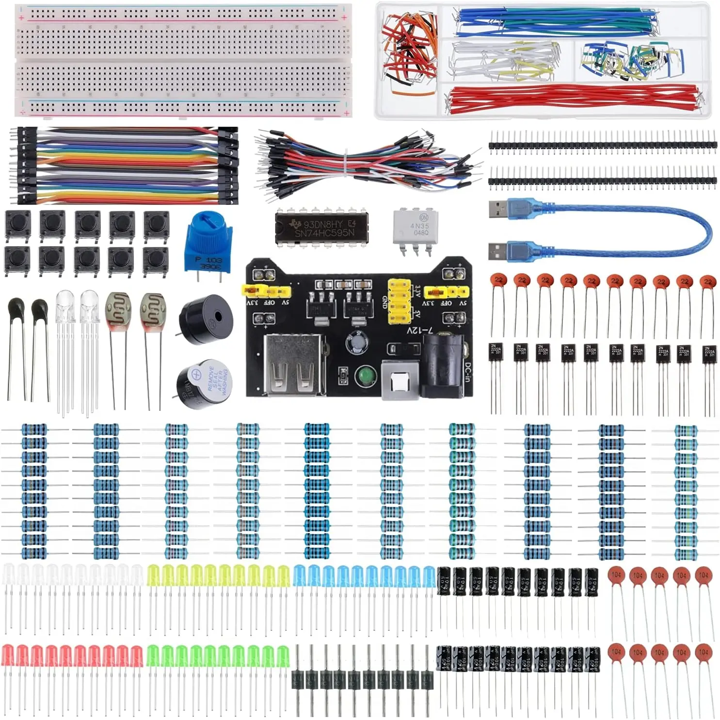 480-Count 37-Value Electronics Component Fun Kit with Power Module, Jumper Wires, Precision Potentiometer, 830-Tie-Points Breadboard – Complete and Practical Package Compatible with Arduino, Raspberry Pi, STM32