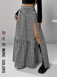 Women's Gingham Print Split Skirt, Casual Fashion Long Skirt for Daily Wear, Ladies Bottoms for All Seasons, Elegant Casual Skirt
