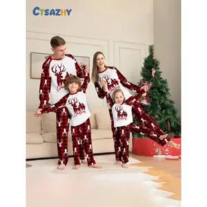 Christmas Family Pajama Set, Plaid with Deer and Christmas Tree Print, Soft Skin-Friendly Fabric, Perfect for Home and Photoshoots