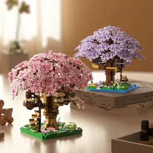 Pink Cherry Tree House Building Blocks Set Girl Series Difficult Assembly Model Toy Micro Particle Design
