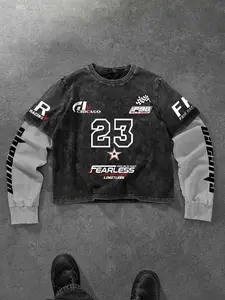Men's Racing Team Graphic Long Sleeve T-Shirt Fitted, Vintage Washed Punk Rock Style, Colorblock Sleeves, Y2K Streetwear, Hip Hop & Music Festivals