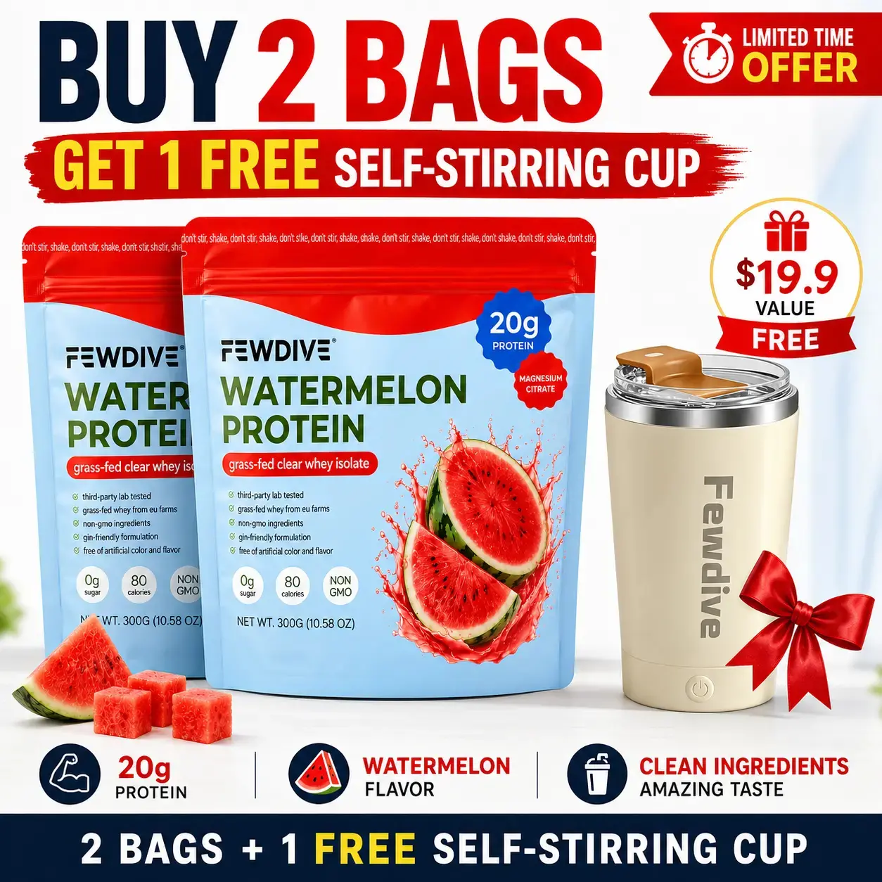 FEWDIVE Whey Protein Isolate Powder / 300g Grass-Fed Whey Concentrate & Isolate Blend (Scoop included)