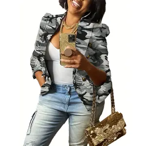 Womens Camo Bomber Blazer Jacket Lapel Button Down Open Front Long Sleeve Army Fatigue Casual Coat,lightweight design, casual jacket with buckle necklace, front opening, long sleeves, polyester blend, machine washable - elegant jacket for all seasons