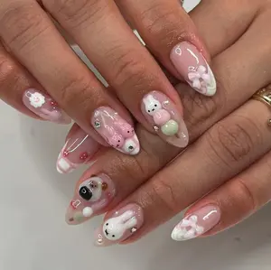 Handmade Kawaii Pastel Press On Nails | 3D Bunnies, Bears, Bows & Candy Beads on Pink French Tips | Almond Nails For Sweet Cute Vibe