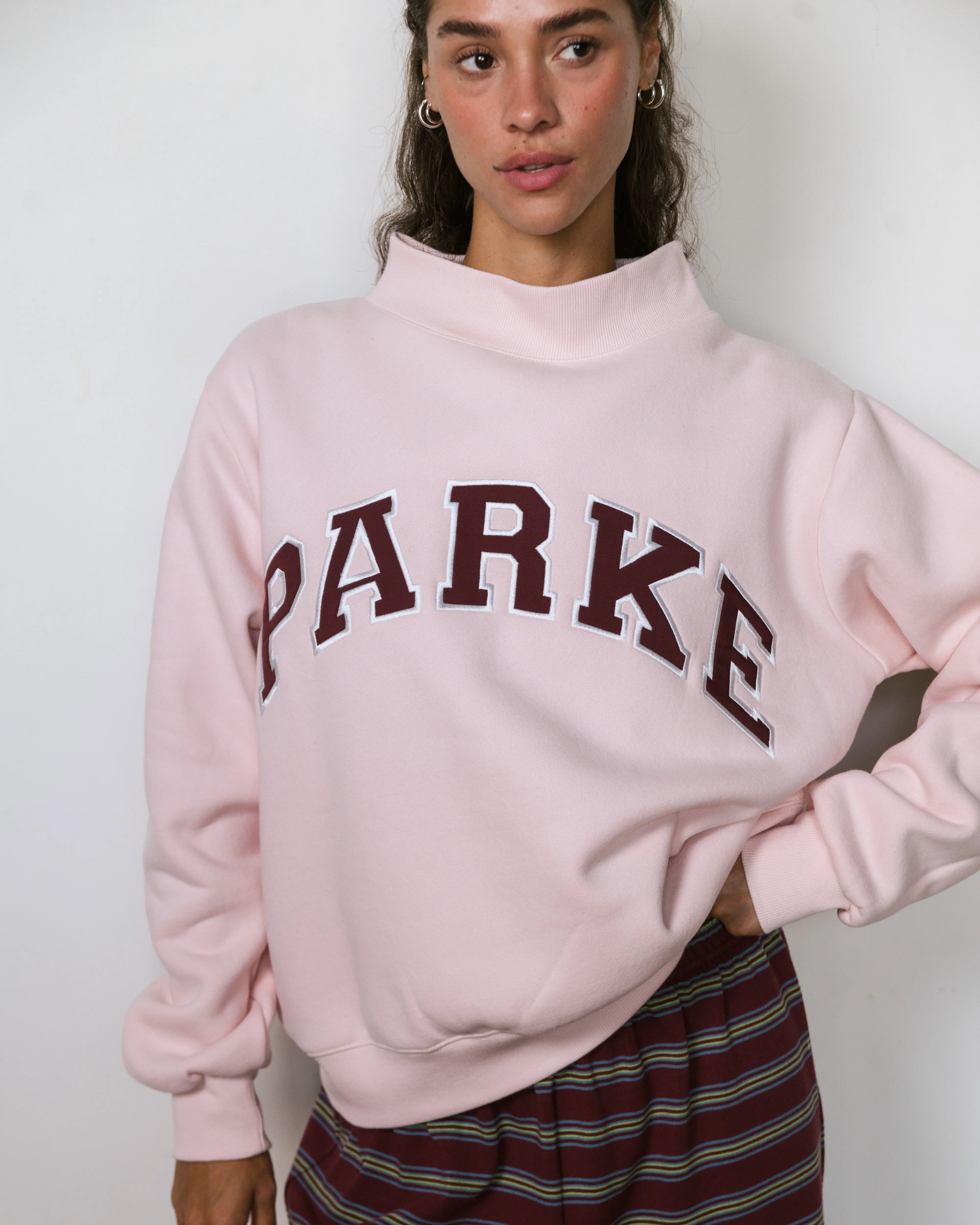 Women's Parke Blush Pink Casual Pullover Sweatshirt - Bold Lettering, Comfortable Fit, Casual Wear, Style, Tops for Women, Outfits, Cute Sports Sweatshirt, Ideal for Sports & Outdoor Activities (Pairs with Leggings)