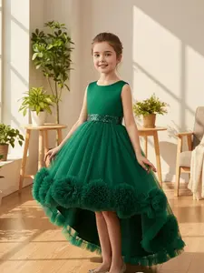 Girl's Contrast Sequin Floral & Bow Decor High Low Hem Tulle Formal Dress, Elegant Frill Trim Sleeveless Zipper Back A Line Dress for Party Performance, Kids Clothes for All Seasons