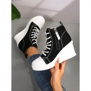 Women's Fashionable Lace Up Platform Sneakers, Casual Comfortable Round Toe Wedge Boots for Daily Wear, Female All-match Shoes for Daily Wear, Girl, Wedge Trainers
