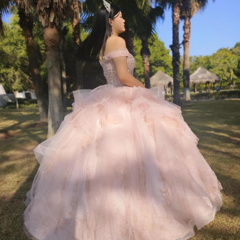 NO.27 Sequined Patterned Glitter Net Quinceañera Dress with Tulle Flounces Design On Skirt L.blue Blush Champagne Ball Gown Dress