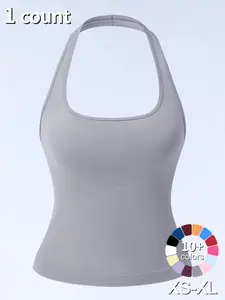1/2/3 Pcs Women's Yoga Halter Neck Tank Top with Removable Pads, Three-Layer Seamless Backless Tank Tops Casual Solid Color Soft All Seasons Wear
