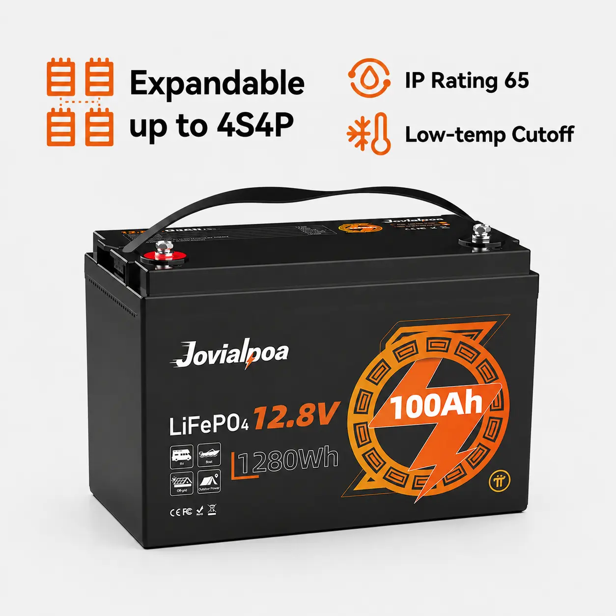 12V 100Ah LiFePO4 Battery, 1280Wh Deep Cycle Lithium Battery with 100A BMS, Low-Temp Charging Cutoff, Expandable up to 4S4P for RV, Solar, Marine & Off-Grid