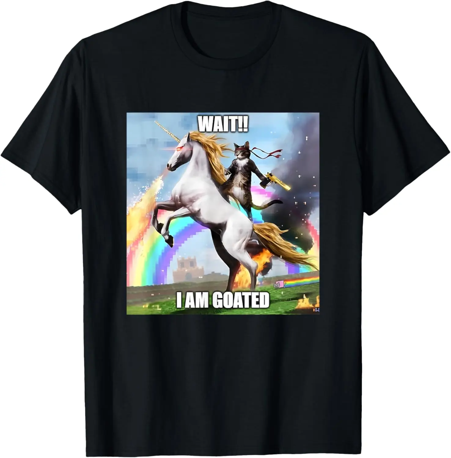 100% Cotton Cat Humour Wait I'm Goated Funny Silly Unicorn Cat Meme T-Shirt