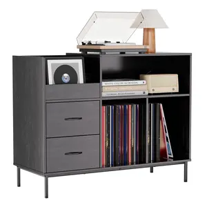Record Player Stand with Power Outlet & Flip-Down Lid, Turntable Table with Storage for 300+ Vinyls Wood Grain Media Console with 2 Drawers, 27.6" with Dust Protection, Some Assembly Required,