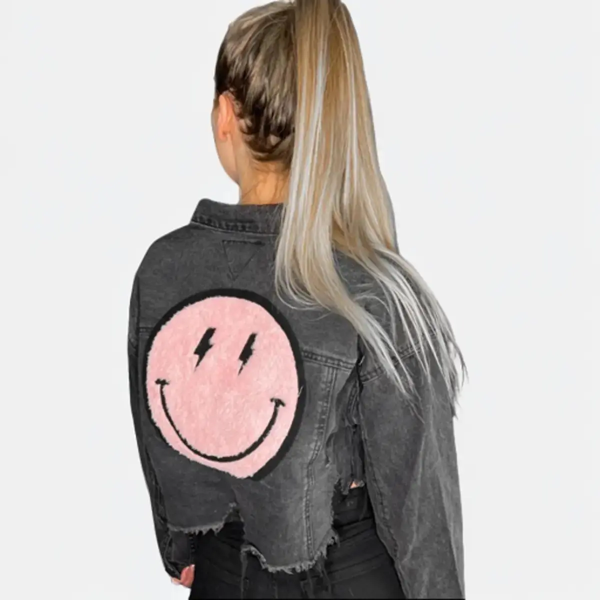 Pink Smiley Cropped Denim Jacket Womenswear Coats