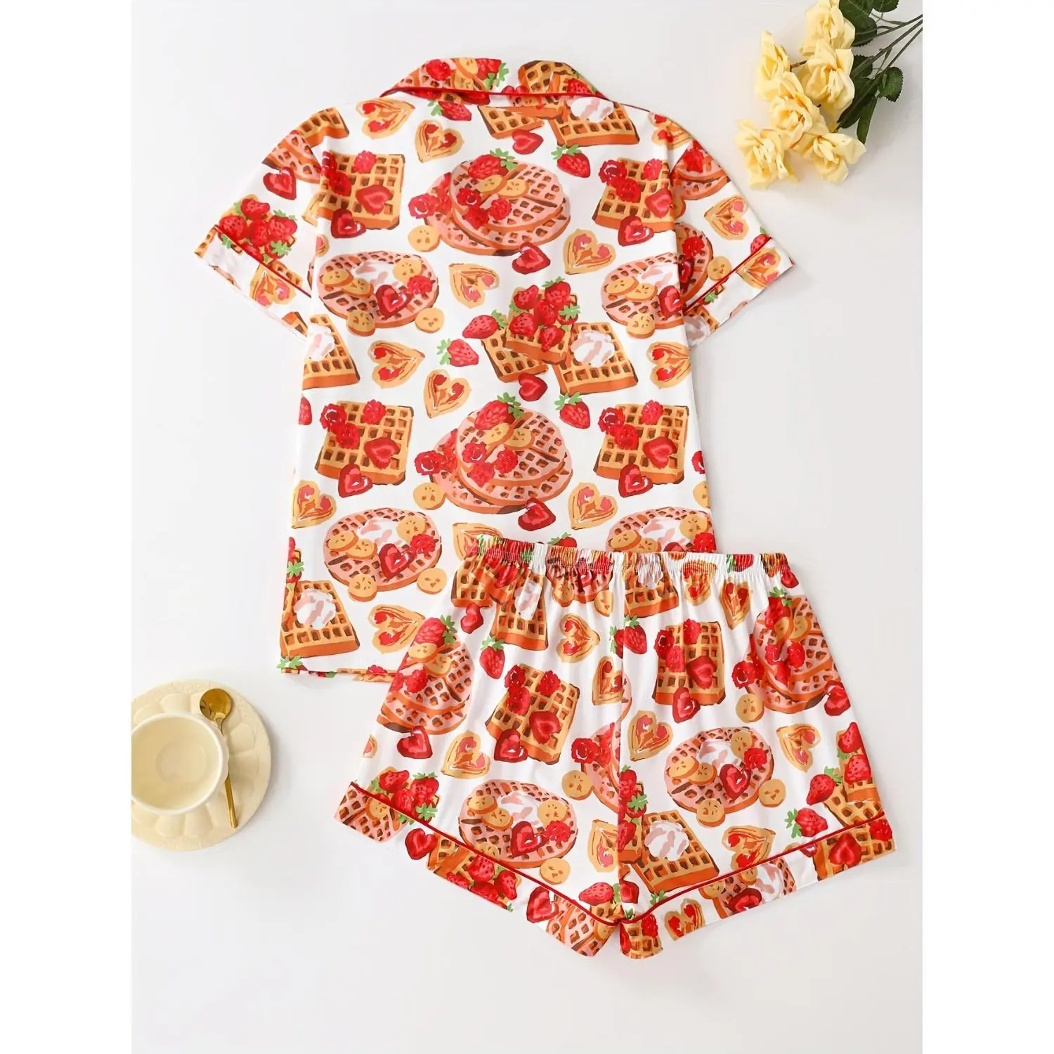 Women's Strawberry Print Pajama Set, 2-Piece Collared Button-Down Short-Sleeve Top and Loose Comfortable Shorts, Elegant Sleepwear Ensemble
