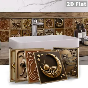 12/24 PCS Gift Box ART Vintage Bronze Carving Style Nature Elements PE Crystal Tile Stickers Waterproof Oil-Proof Home Decor for Kitchen, Bathroom, Floor, Walls