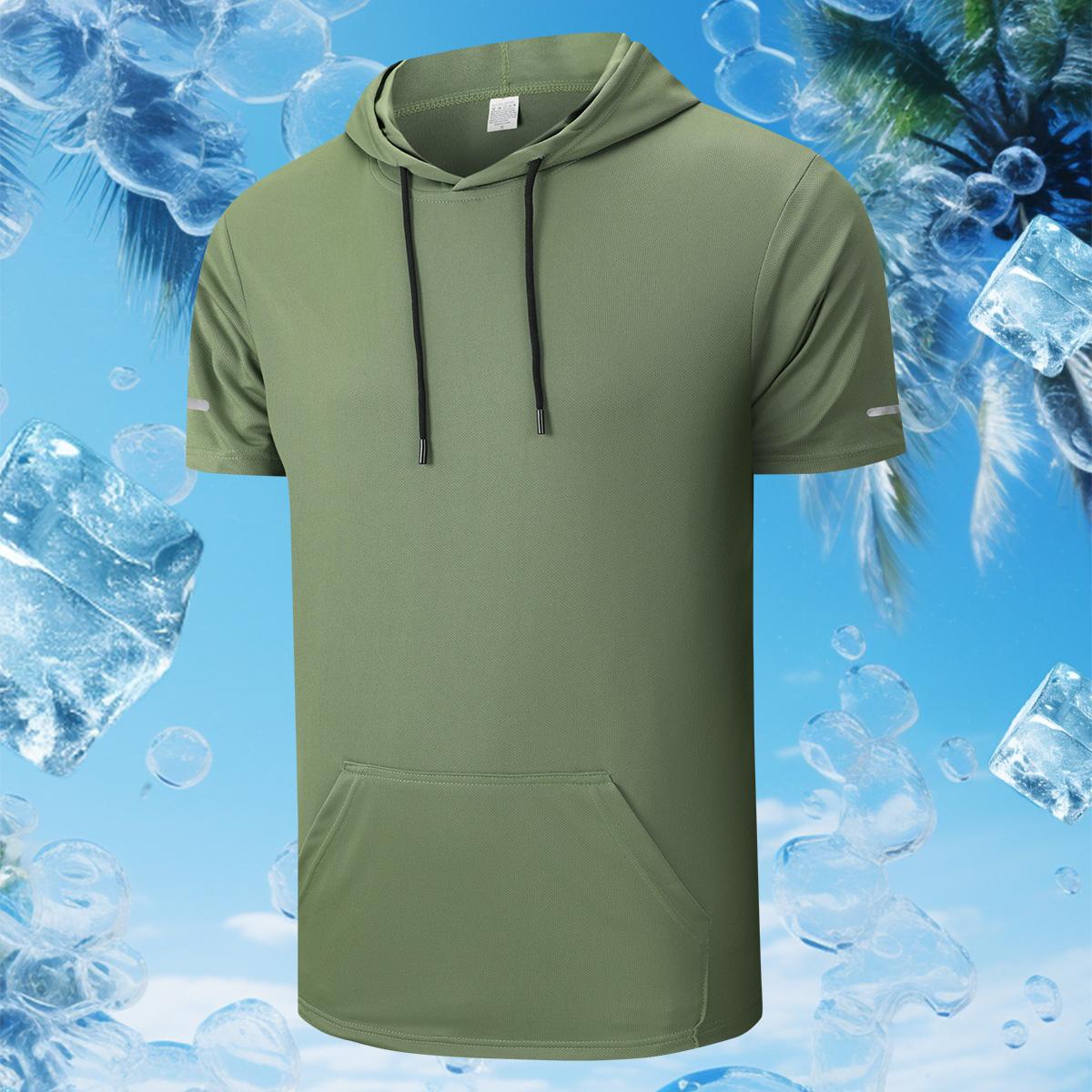 Men's sports hooded T-shirt with kangaroo pocket, breathable and quick-drying fabric, suitable for running and exercising, indoor fitness, etc