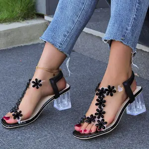Fashion Flowers Sandals With Transparent High Square Heels reef  platform  sandals