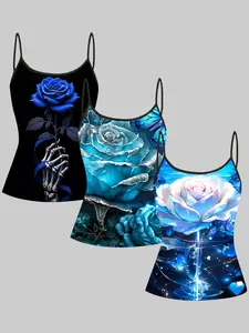 3 Piece Set Sleeveless Strap Vest Top, Casual All-Over Print Design, Perfect for Daily Wear & Party, Slim Fit Style